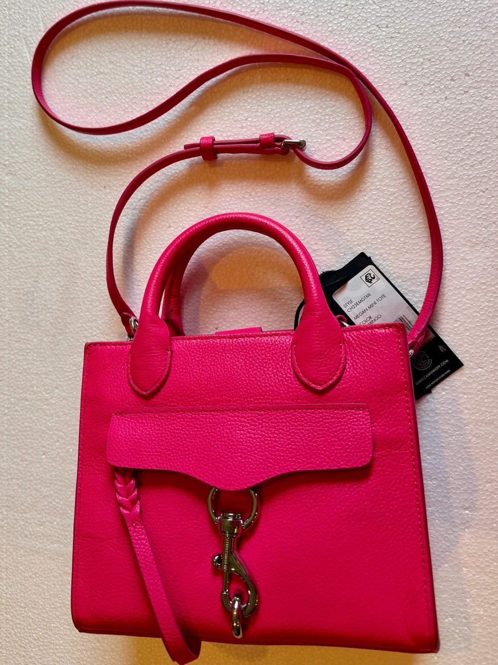 Rebecca Minkoff Bright Pink Mini Pebbled Leather Satchel with Detachable Strap